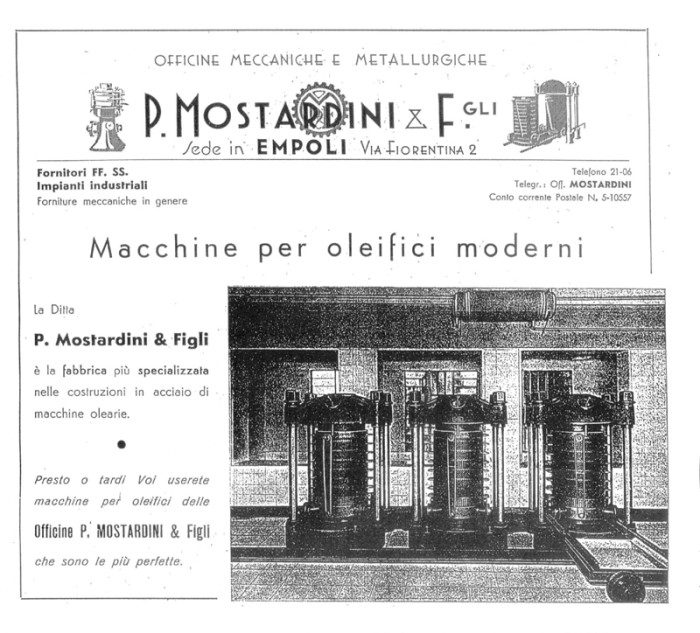 Pubblicità 1939: P. Mostardini & Figli di Pontorme