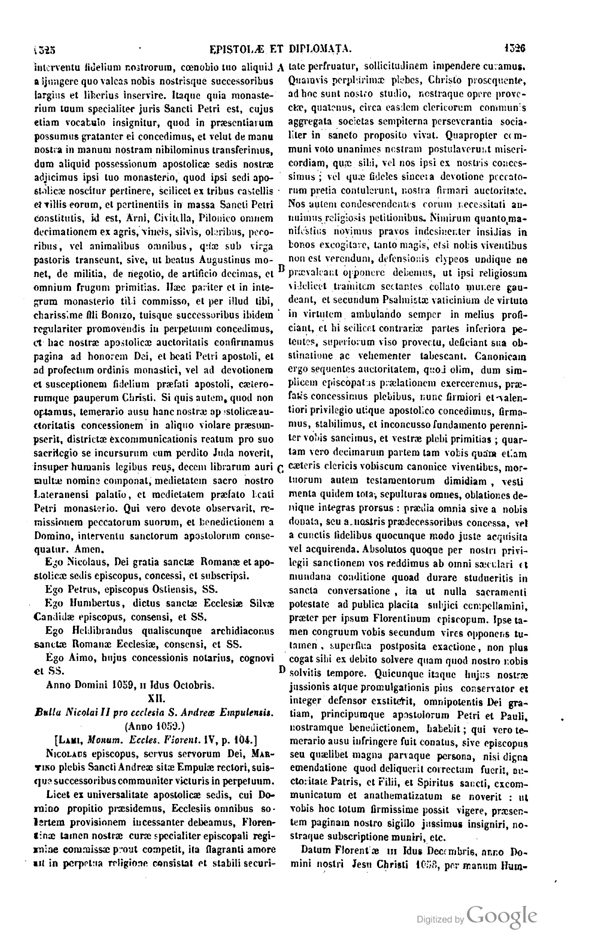 Bolla papale di Nicola II per la Plebania di S. Andrea di Empoli, Anno 1059 (da Patrologia Latina)