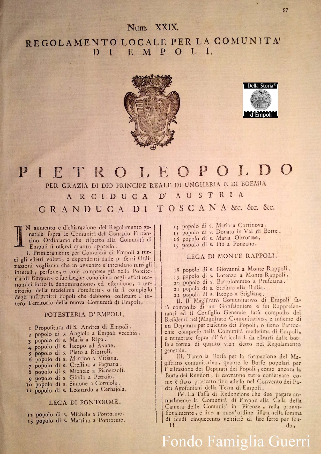 1774, Pietro Leopoldo e la costituzione della Comunità di Empoli