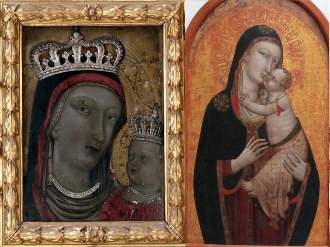 confronto tra Madonna-col Bambino Conservatorio SS. Annunziata a sinistra e Madonna col Bambino conservata nel Museo della Collegiata.