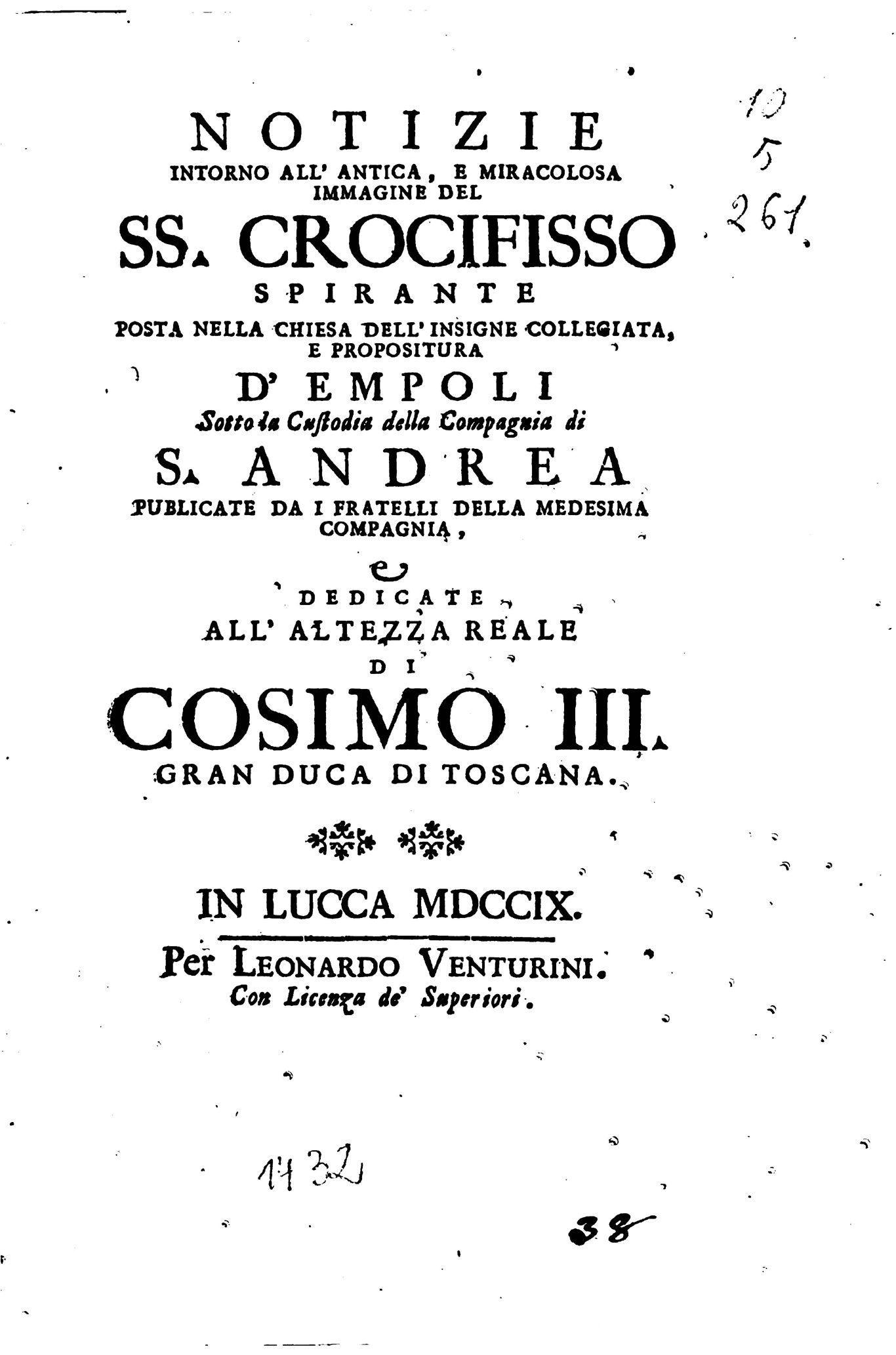 Manoscritto originale delle “Notizie intorno all’antica e miracolosa immagine del SS Crocifisso di Empoli 1709”